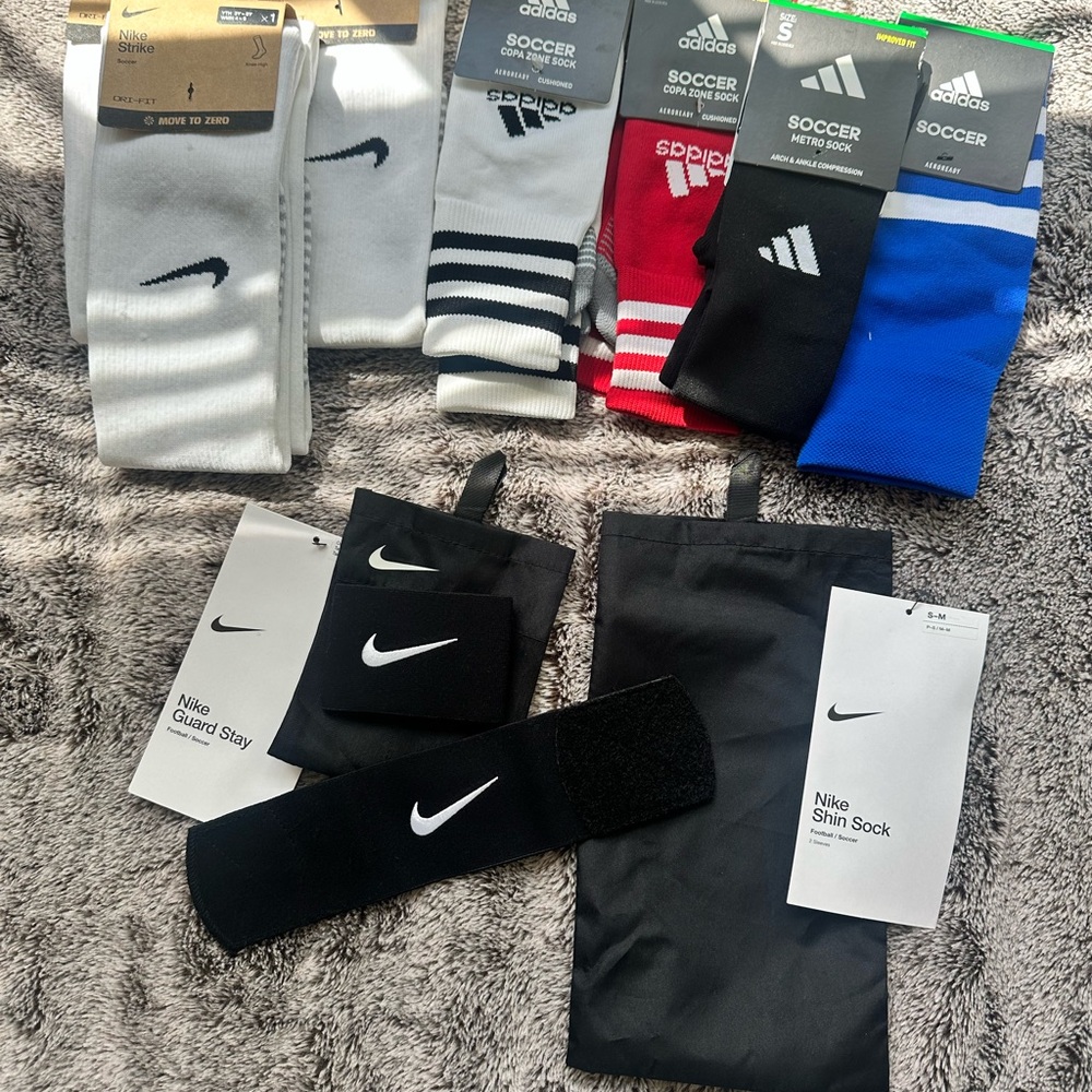Nike /Adidas Soccer Socks & Shin Sock and Guard Stay Set with Wash bag